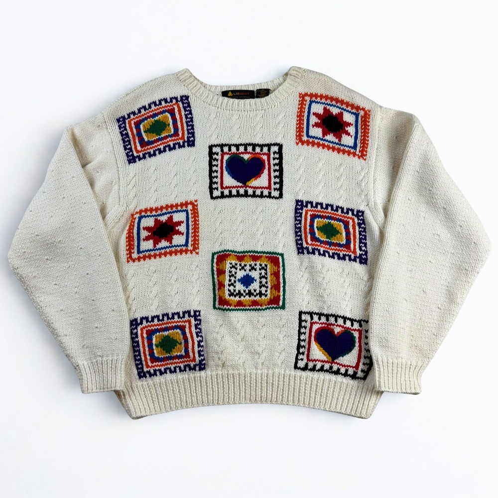 Vintage Chunky Knit Sweater Womens S White Patchwork Heart Grannycore Lizsport